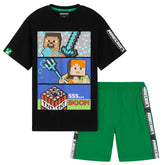 Minecraft Boys Short Pyjamas Set, Comfy Cotton Lounge Wear - Gifts for Gamers (Black/Green, 7-8 Years)